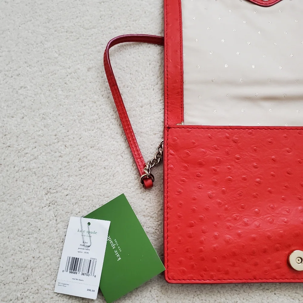 Kate Spade Portola Valley Ostrich Embossed Leather Shoulder Bag in Spice Red